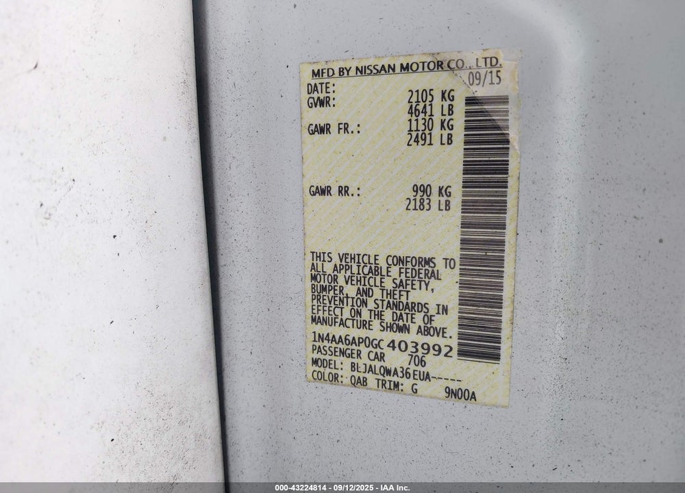 2016 NISSAN MAXIMA VIN: 1N4AA6AP0GC403992