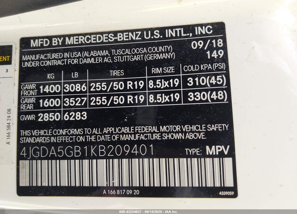 2019 MERCEDES-BENZ GLE 400 4MATIC VIN: 4JGDA5GB1KB209401
