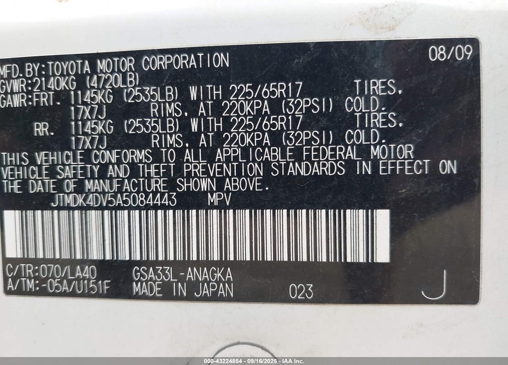 2010 TOYOTA RAV4 VIN: JTMDK4DV5A5084443