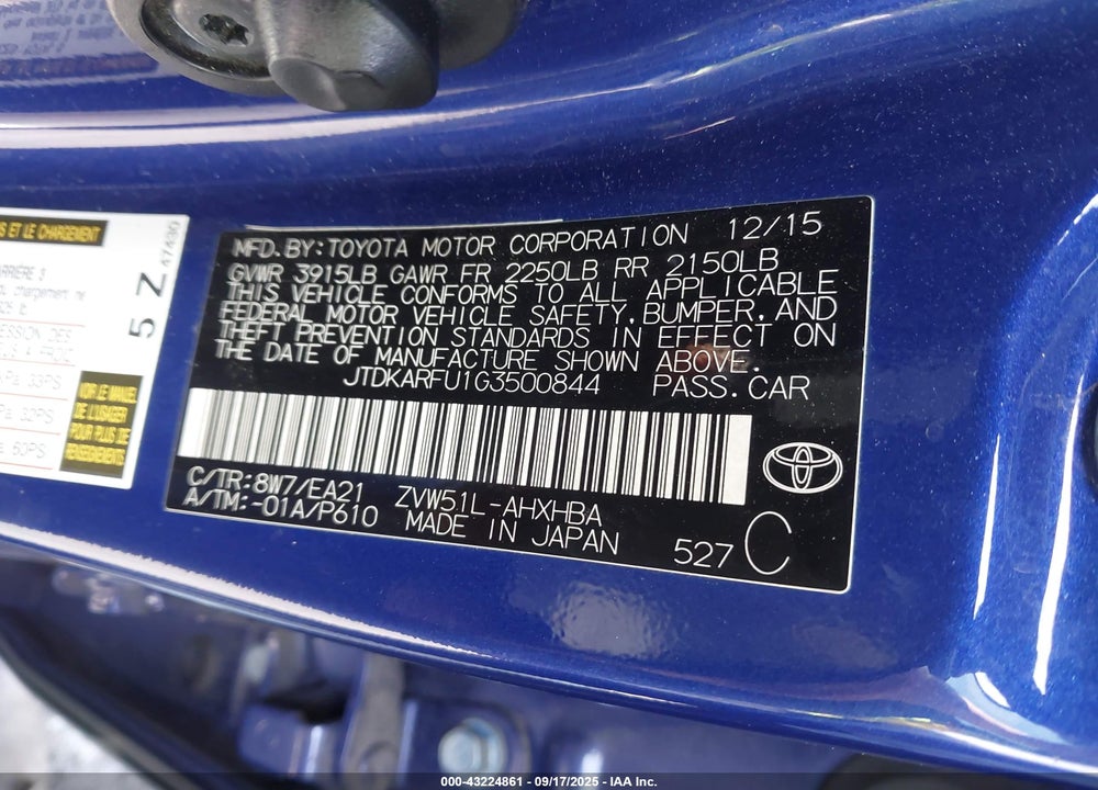 2016 TOYOTA PRIUS THREE TOURING VIN: JTDKARFU1G3500844