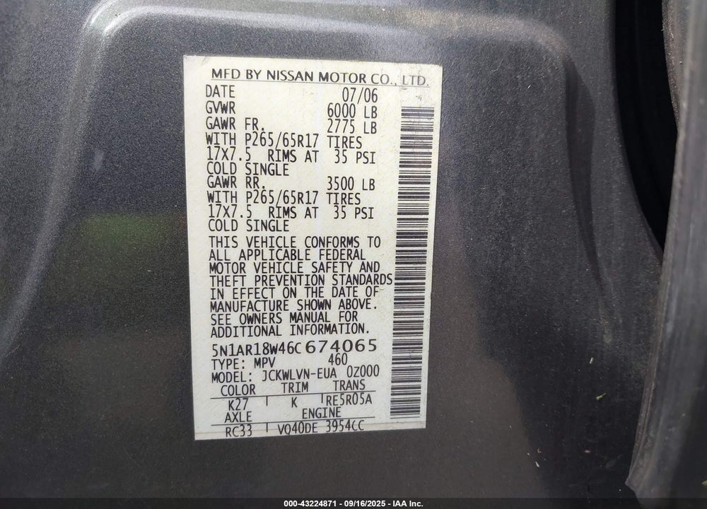 2006 NISSAN PATHFINDER VIN: 5N1AR18W46C674065