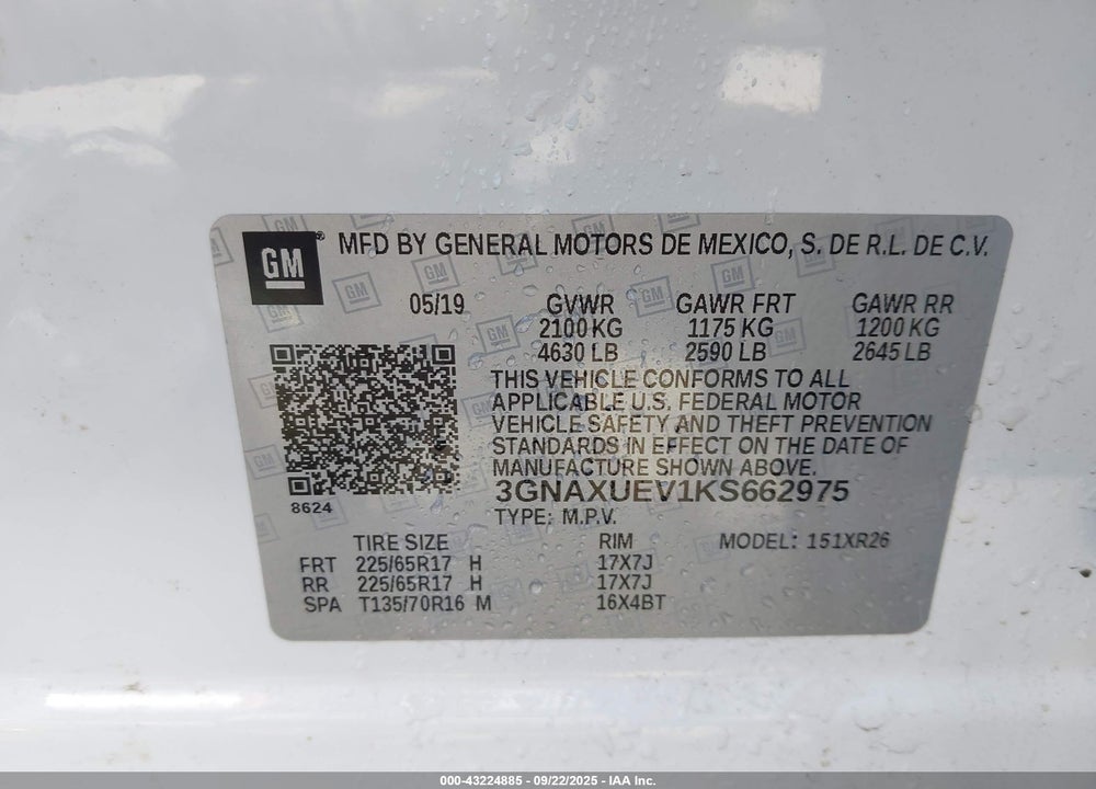2019 CHEVROLET EQUINOX VIN: 3GNAXUEV1KS662975