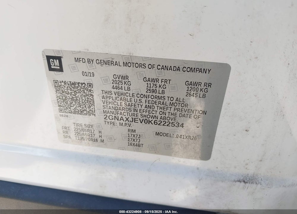 2019 CHEVROLET EQUINOX VIN: 2GNAXJEV0K6222534