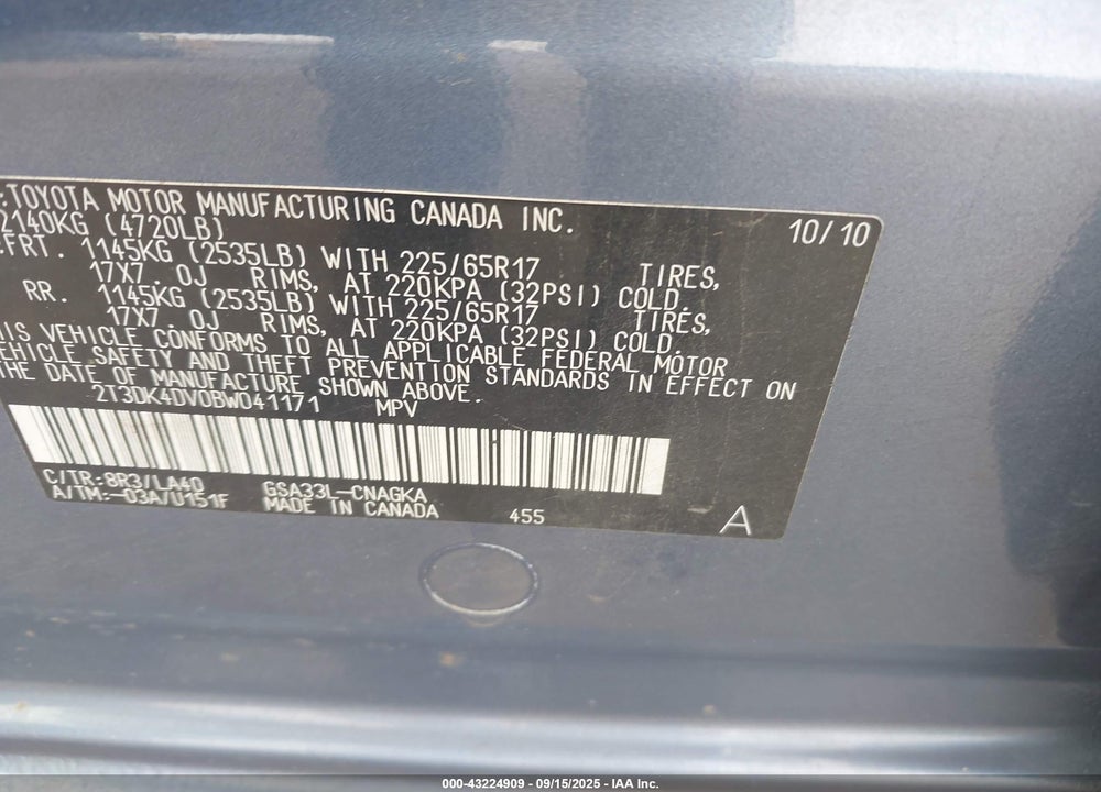 2011 TOYOTA RAV4 LIMITED V6 VIN: 2T3DK4DV0BW041171
