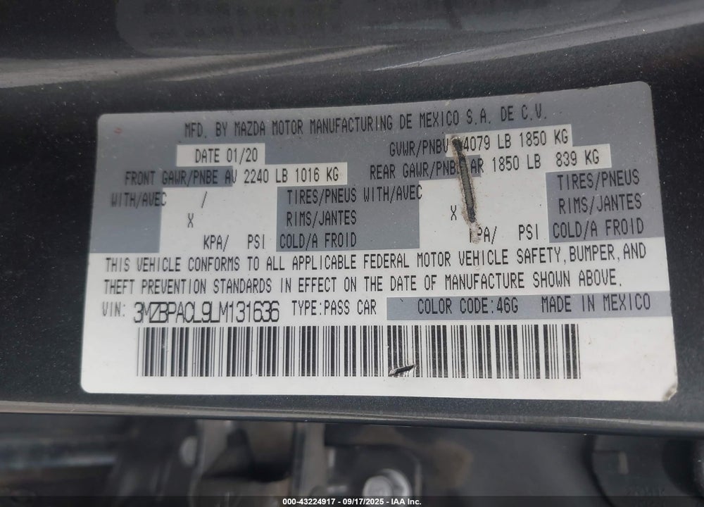 2020 MAZDA 3 SELECT PACKAGE VIN: 3MZBPACL9LM131636