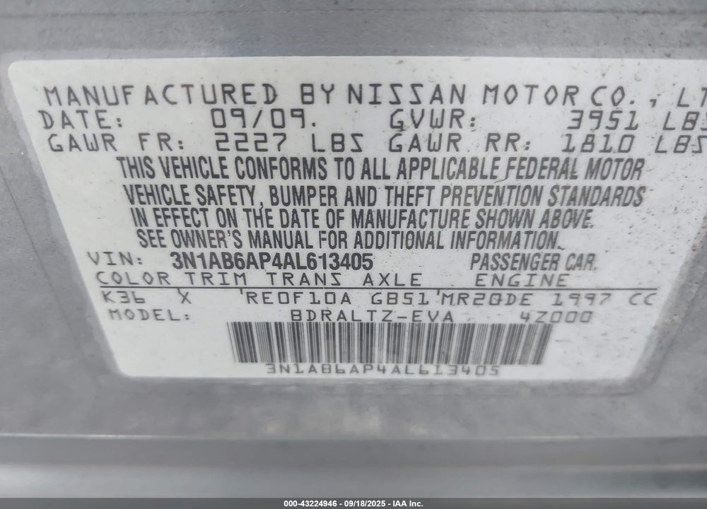 2010 NISSAN SENTRA VIN: 3N1AB6AP4AL613405