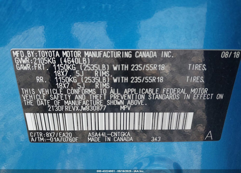 2018 TOYOTA RAV4 VIN: 2T3DFREVXJW830877