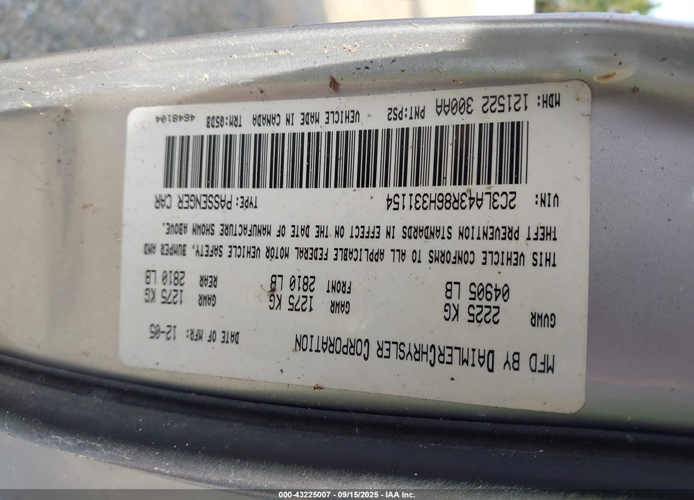 2006 CHRYSLER 300 VIN: 2C3LA43R86H331154