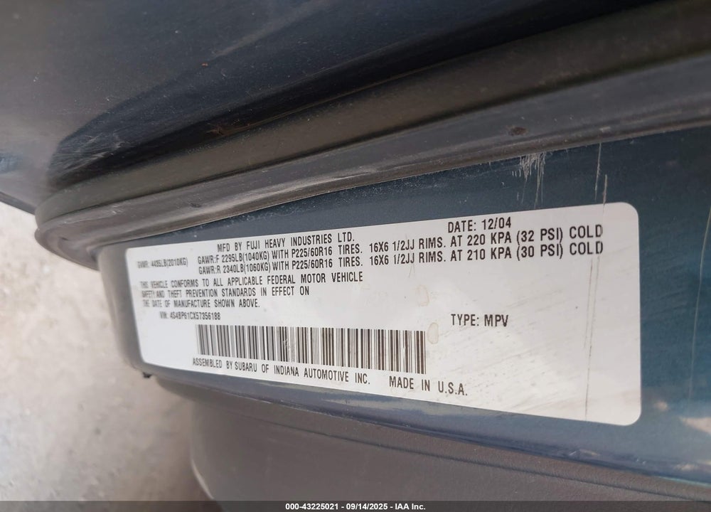 2005 SUBARU OUTBACK 2.5I VIN: 4S4BP61CX57356188