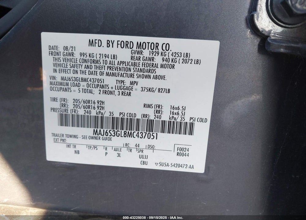 2021 FORD ECOSPORT SE VIN: MAJ6S3GL8MC437051