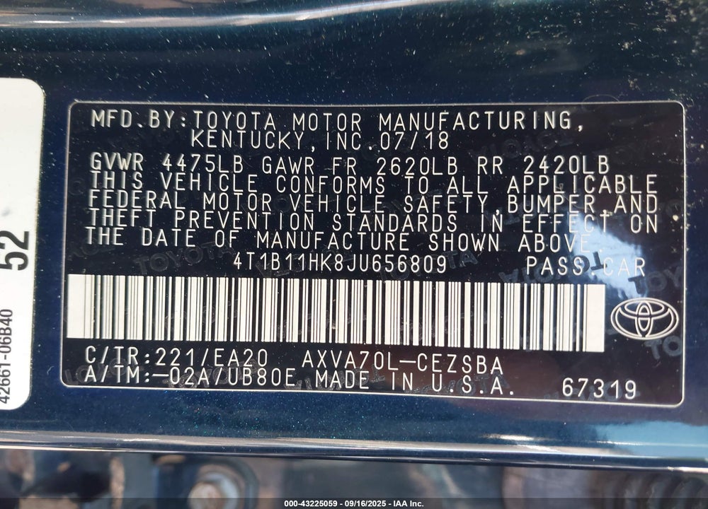 2018 TOYOTA CAMRY VIN: 4T1B11HK8JU656809