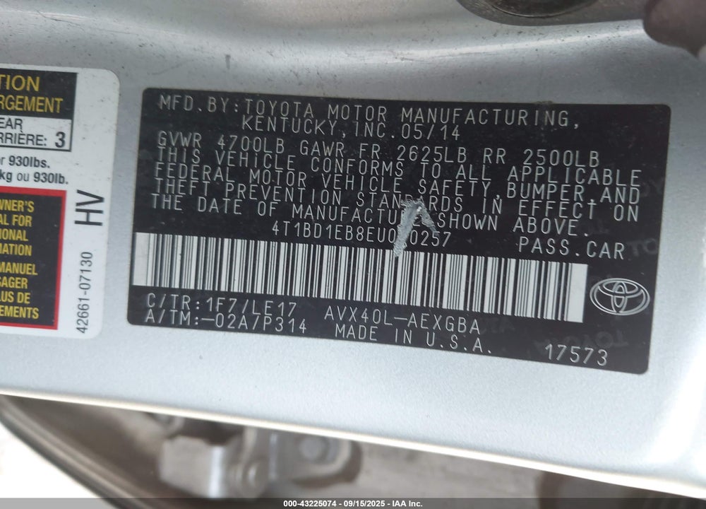 2014 TOYOTA AVALON HYBRID VIN: 4T1BD1EB8EU030257