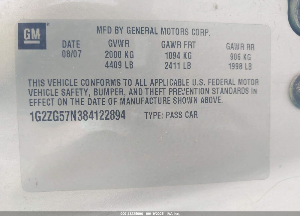2008 PONTIAC G6 VIN: 1G2ZG57N384122894