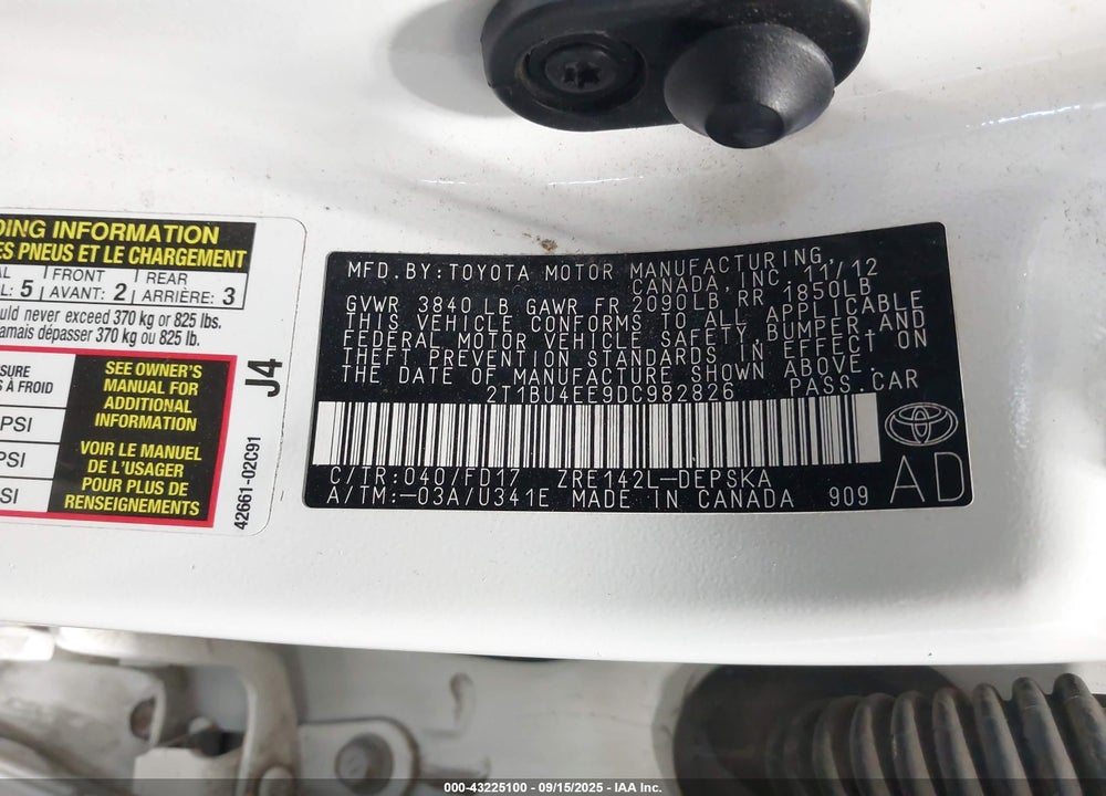 2013 TOYOTA COROLLA S VIN: 2T1BU4EE9DC982826