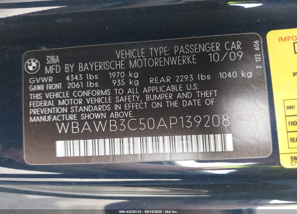 2010 BMW 3 SERIES VIN: WBAWB3C50AP139208