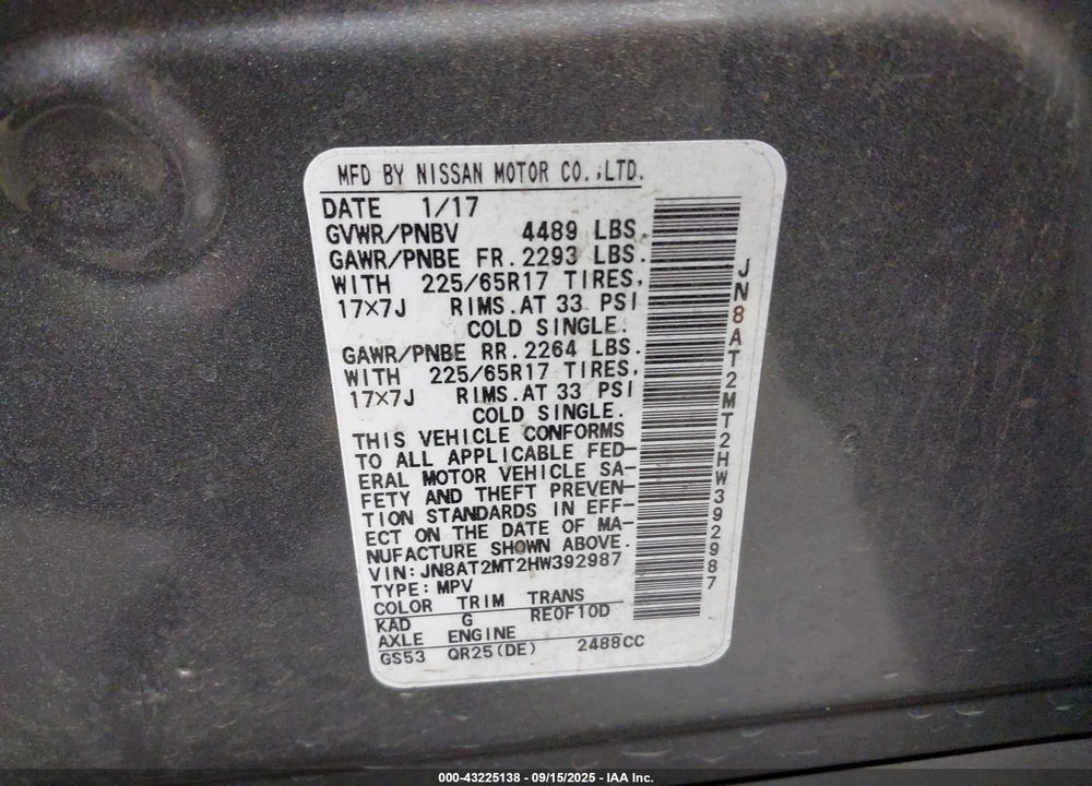2017 NISSAN ROGUE VIN: JN8AT2MT2HW392987