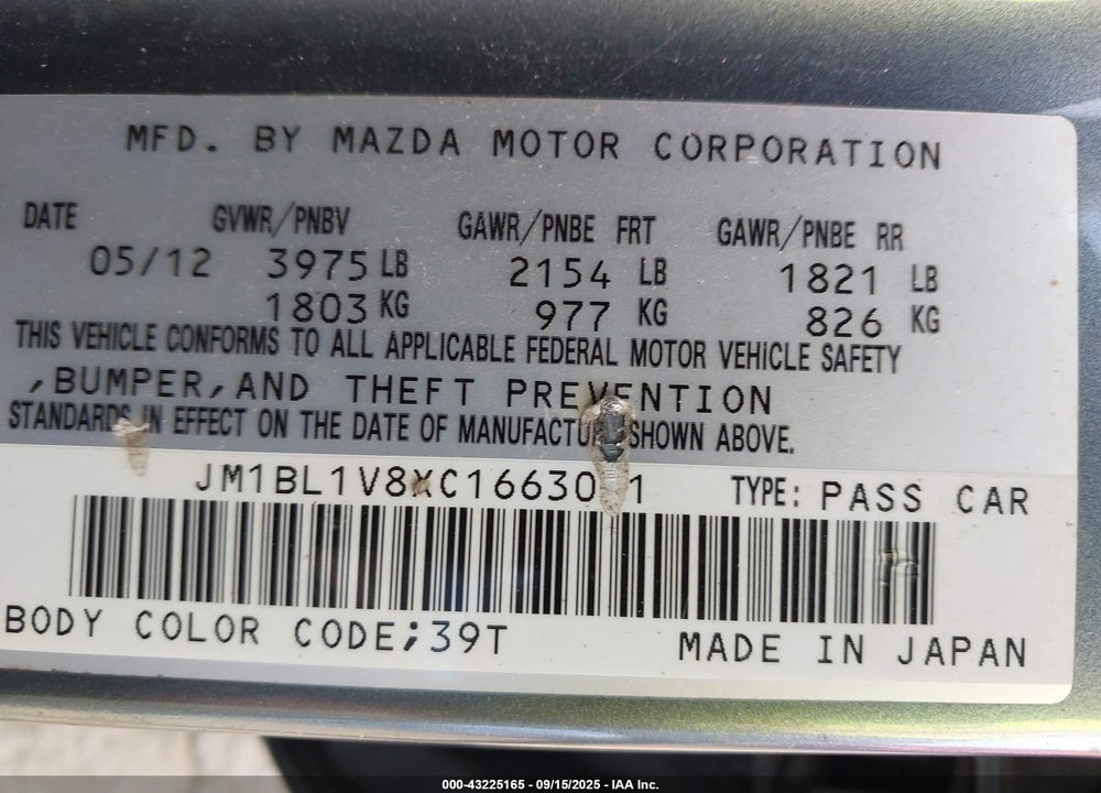 2012 MAZDA 3 I TOURING VIN: JM1BL1V8XC1663031