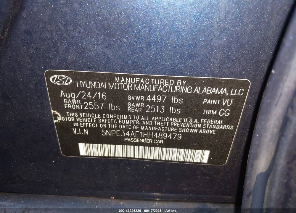 2017 HYUNDAI SONATA VIN: 5NPE34AF1HH489479
