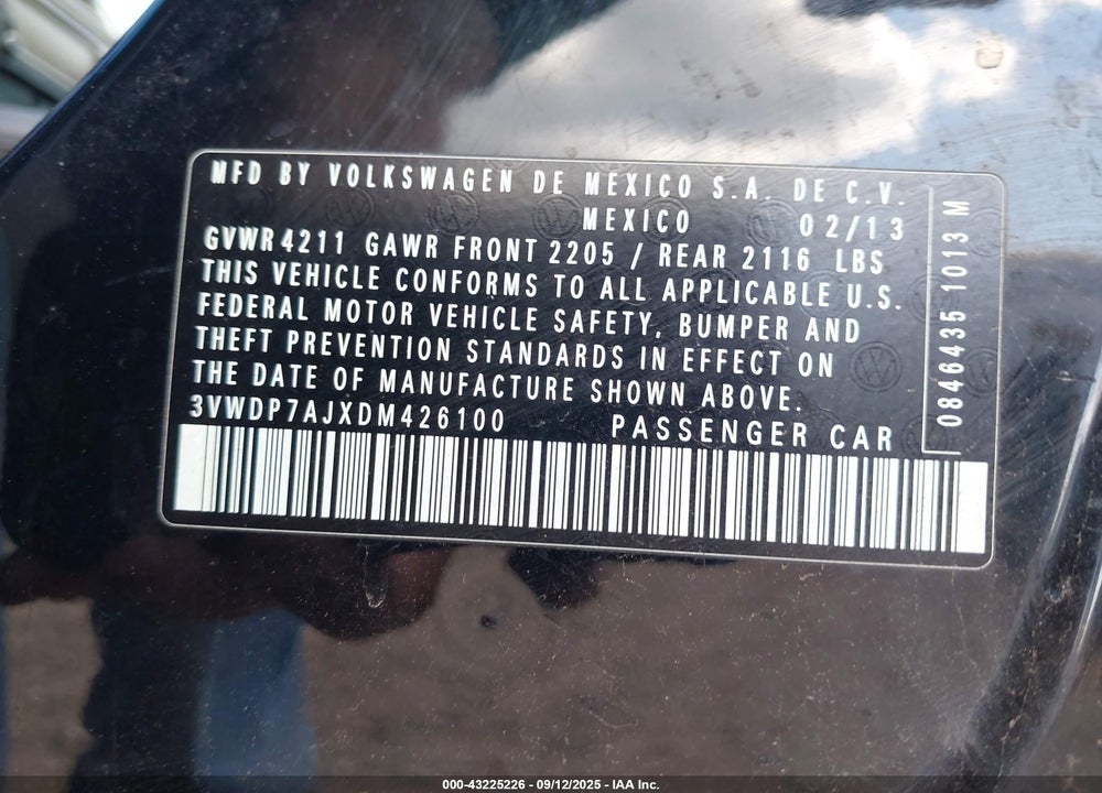 2013 VOLKSWAGEN JETTA 2.5L SE VIN: 3VWDP7AJXDM426100