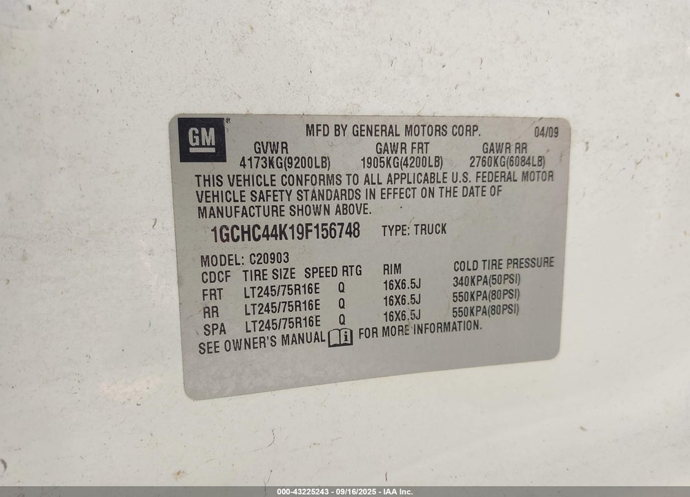 2009 CHEVROLET SILVERADO 2500 VIN: 1GCHC44K19F156748