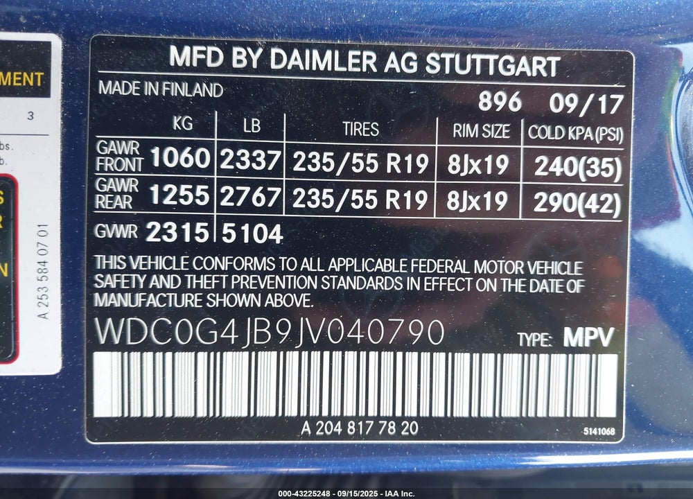 2018 MERCEDES-BENZ GLC 300 VIN: WDC0G4JB9JV040790