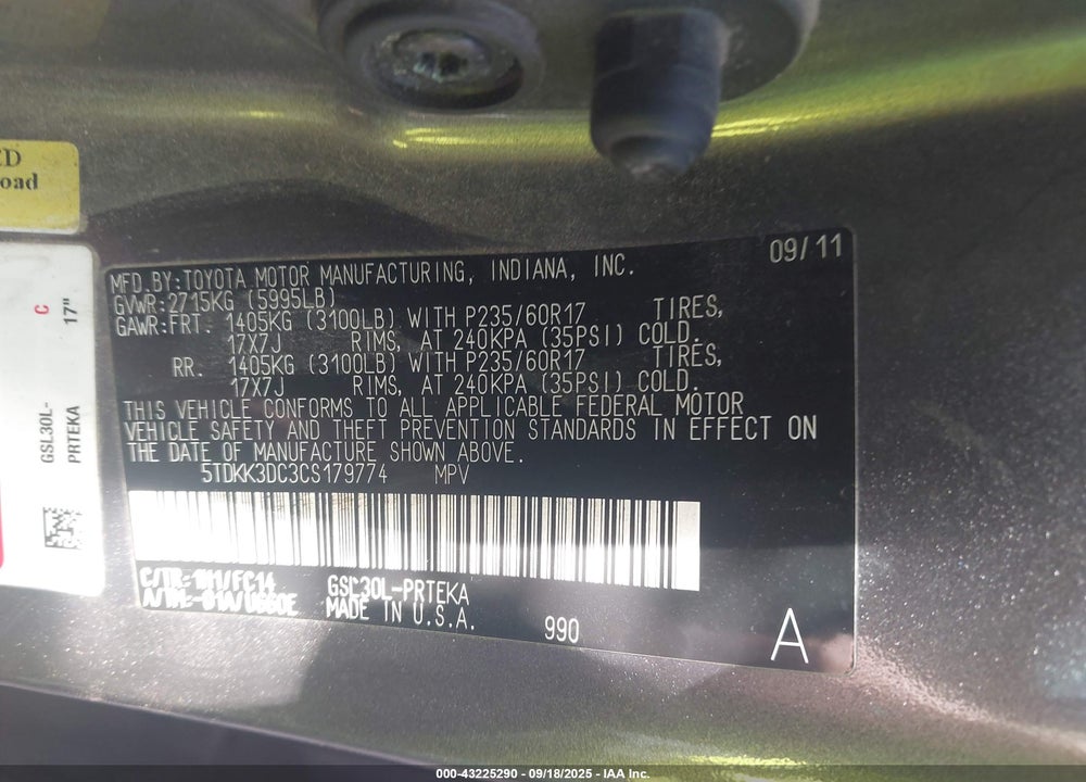 2012 TOYOTA SIENNA VIN: 5TDKK3DC3CS179774