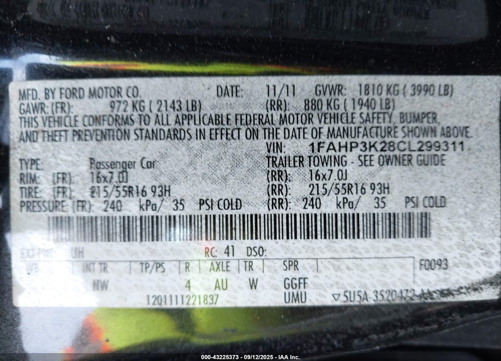 2012 FORD FOCUS VIN: 1FAHP3K28CL299311