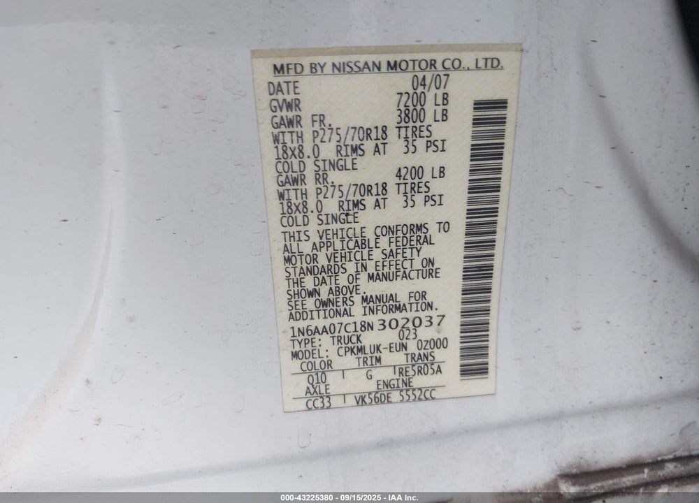 2008 NISSAN TITAN PRO-4X VIN: 1N6AA07C18N302037