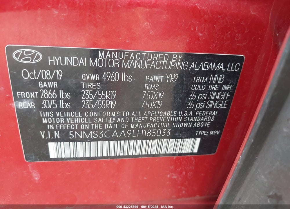 2020 HYUNDAI SANTA FE VIN: 5NMS3CAA9LH185033