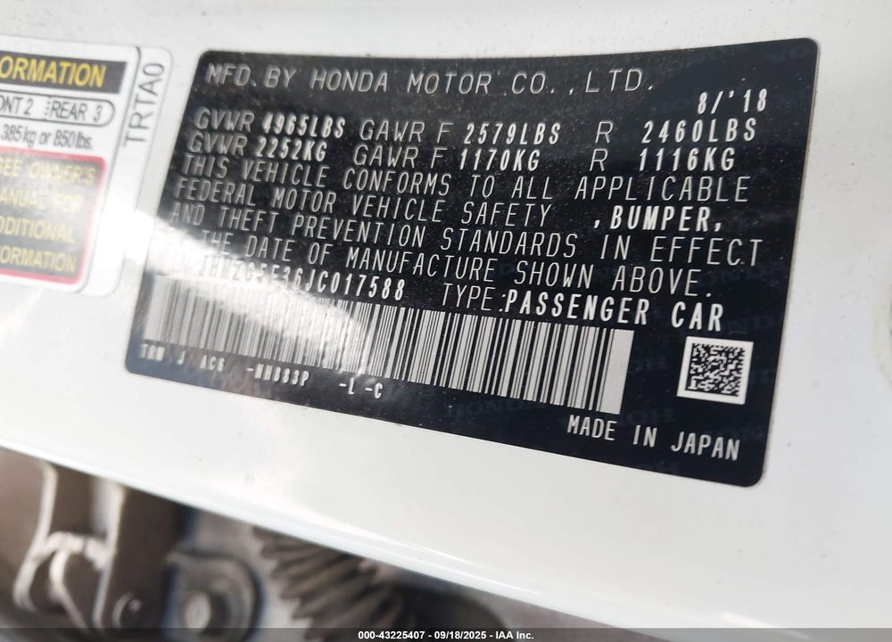 2018 HONDA CLARITY PLUG-IN HYBRID VIN: JHMZC5F36JC017588
