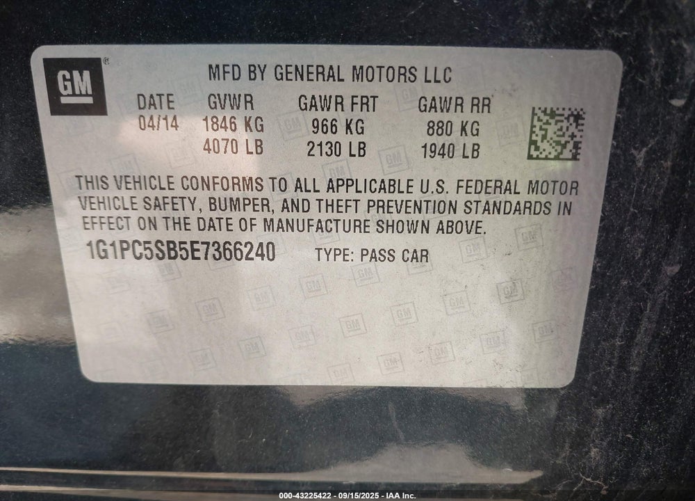 2014 CHEVROLET CRUZE VIN: 1G1PC5SB5E7366240
