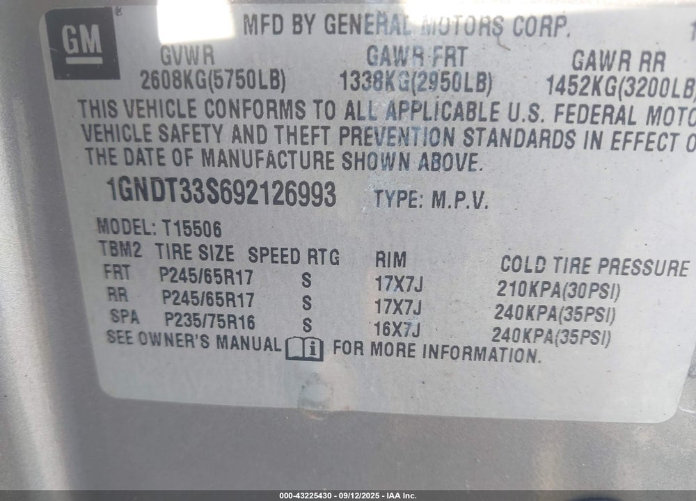 2009 CHEVROLET TRAILBLAZER LT VIN: 1GNDT33S692126993