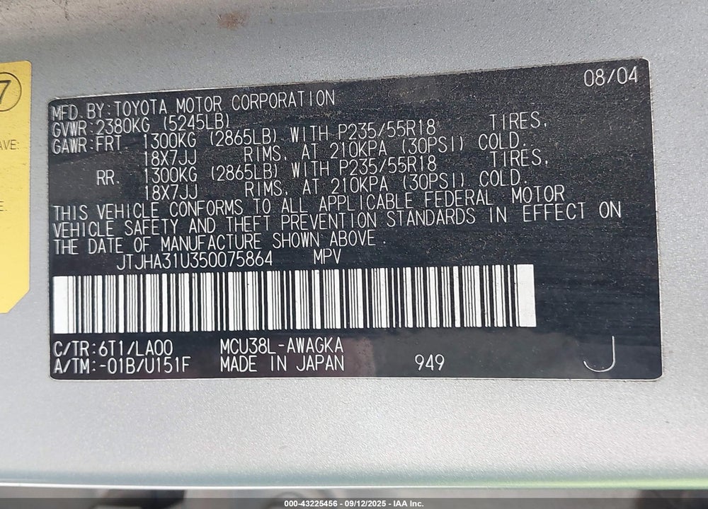 2005 LEXUS RX 330 VIN: JTJHA31U350075864