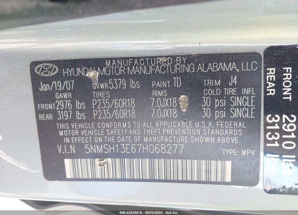 2007 HYUNDAI SANTA FE LIMITED/SE VIN: 5NMSH13E67H068277