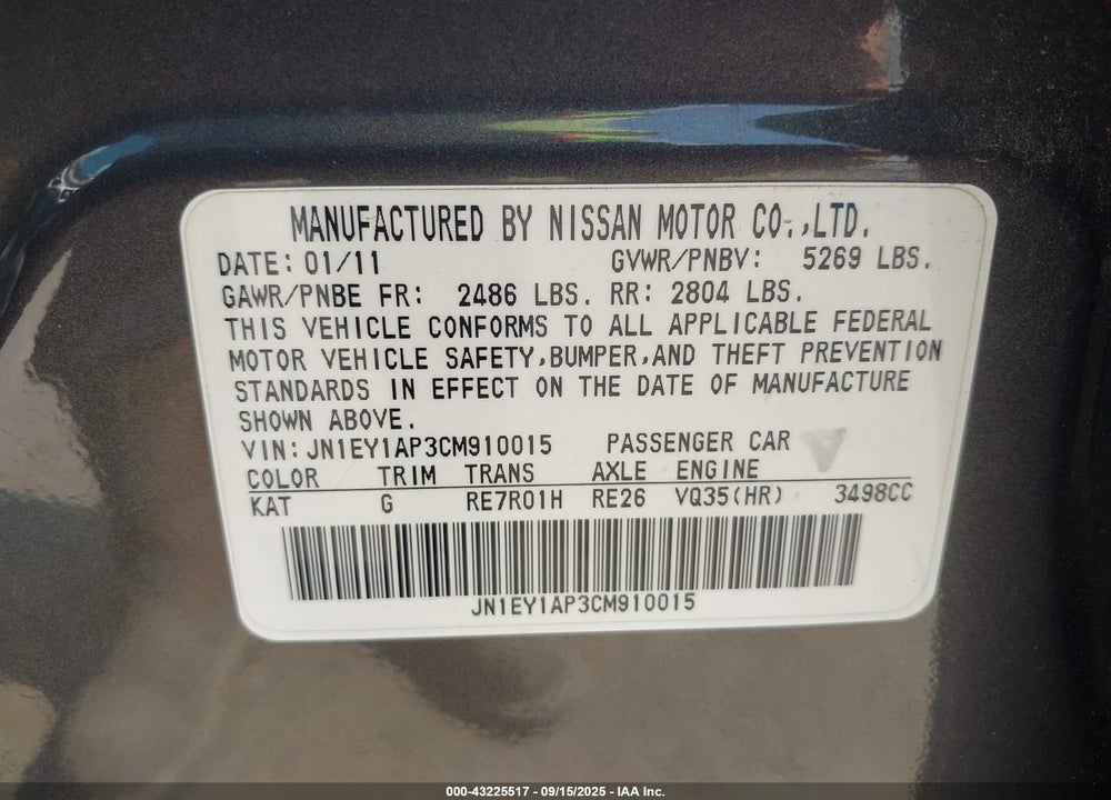 2012 INFINITI M35H VIN: JN1EY1AP3CM910015