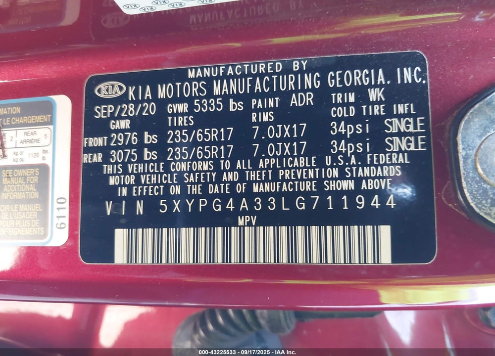 2020 KIA SORENTO 2.4L LX VIN: 5XYPG4A33LG711944