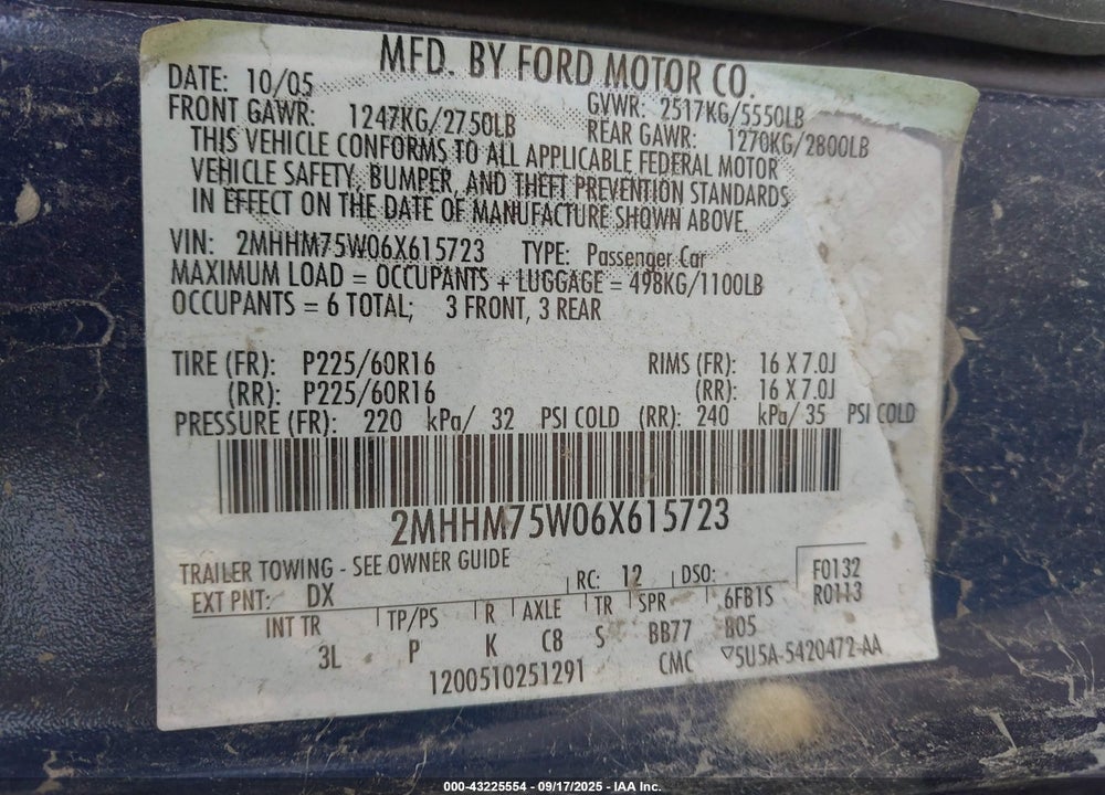 2006 MERCURY GRAND MARQUIS VIN: 2MHHM75W06X615723