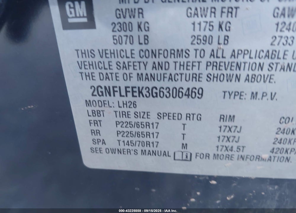 2016 CHEVROLET EQUINOX VIN: 2GNFLFEK3G6306469