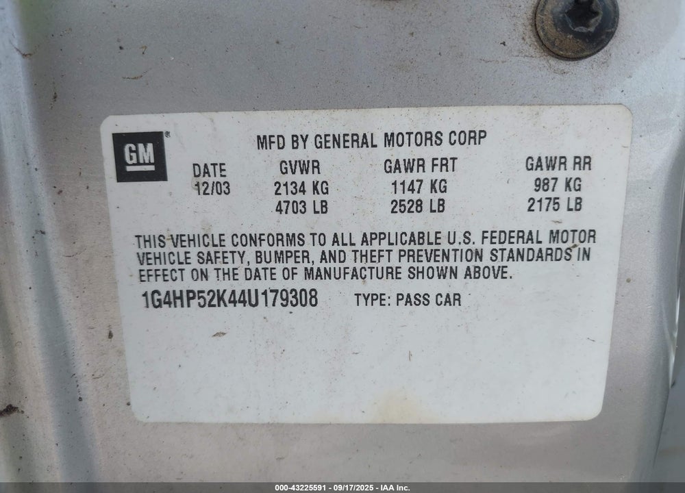 2004 BUICK LESABRE CUSTOM VIN: 1G4HP52K44U179308
