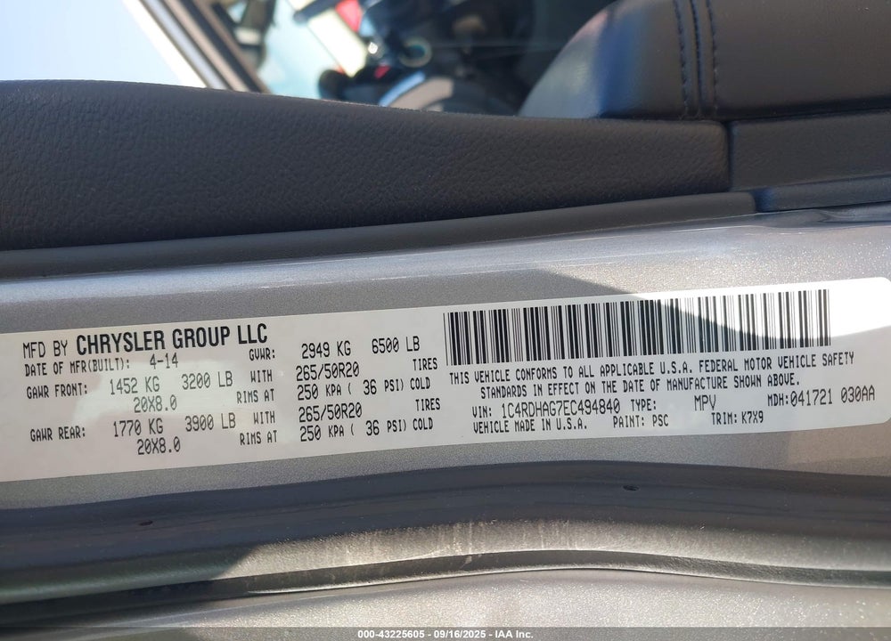 2014 DODGE DURANGO VIN: 1C4RDHAG7EC494840