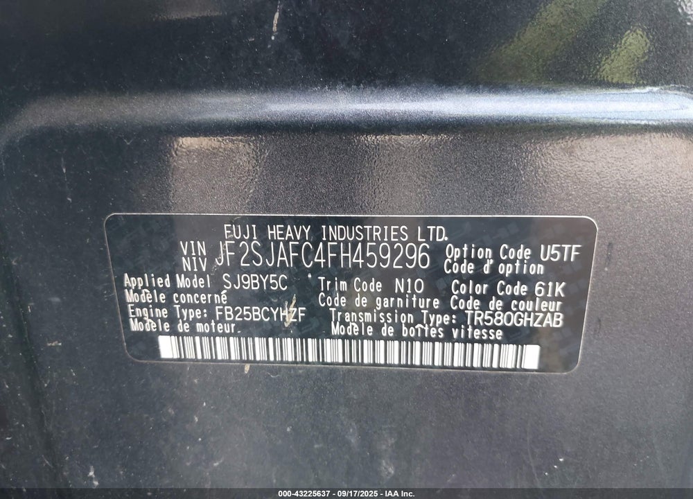 2015 SUBARU FORESTER VIN: JF2SJAFC4FH459296