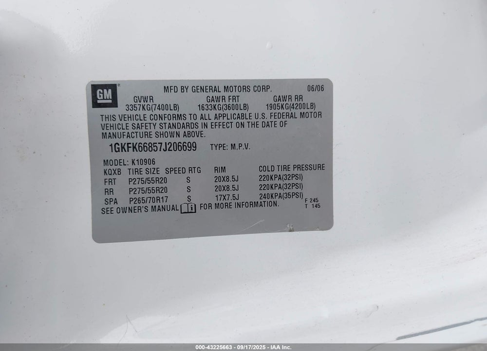 2007 GMC YUKON XL 1500 DENALI VIN: 1GKFK66857J206699