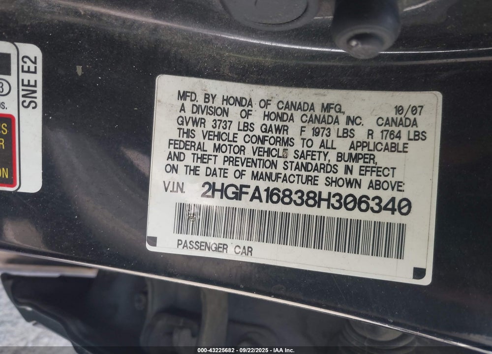 2008 HONDA CIVIC VIN: 2HGFA16838H306340