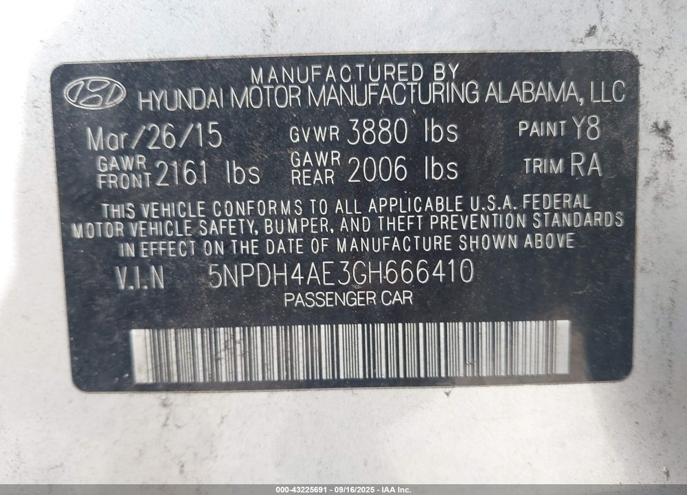 2016 HYUNDAI ELANTRA SE VIN: 5NPDH4AE3GH666410