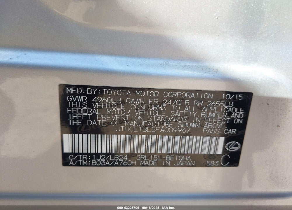 2015 LEXUS GS 350 VIN: JTHCE1BL5FA009967