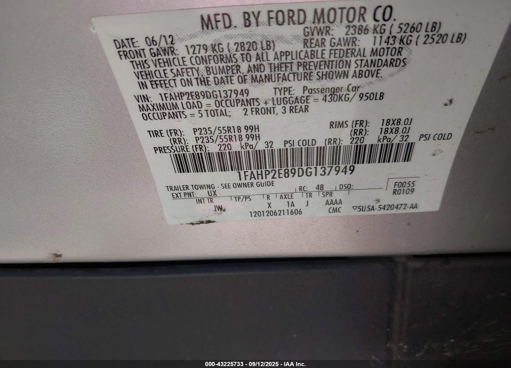 2013 FORD TAURUS SEL VIN: 1FAHP2E89DG137949