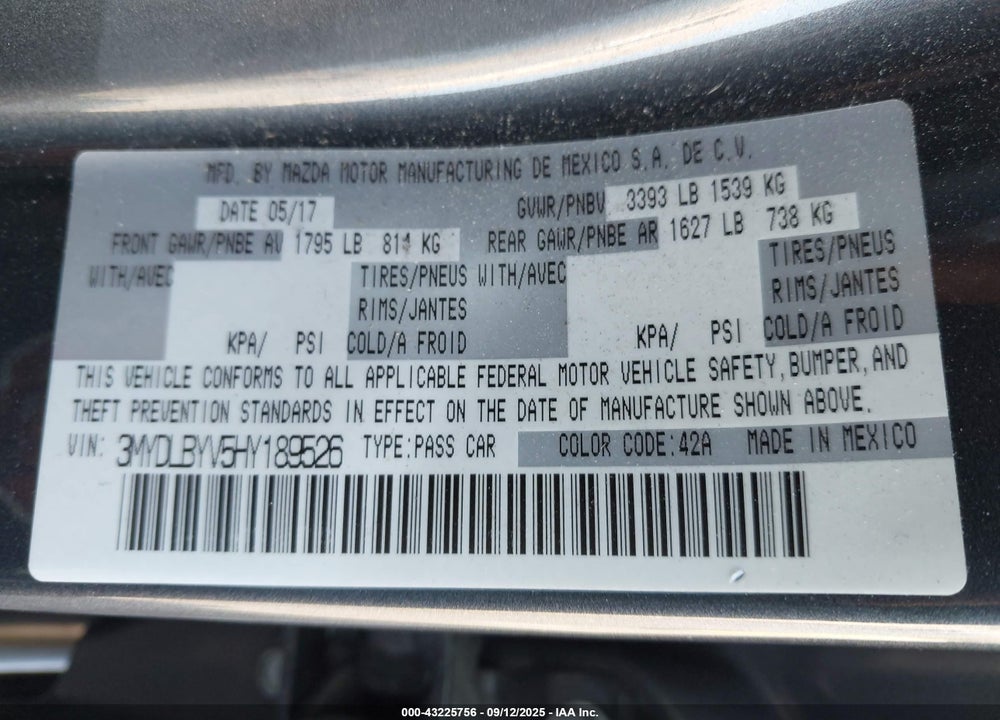 2017 TOYOTA YARIS IA VIN: 3MYDLBYV5HY189526