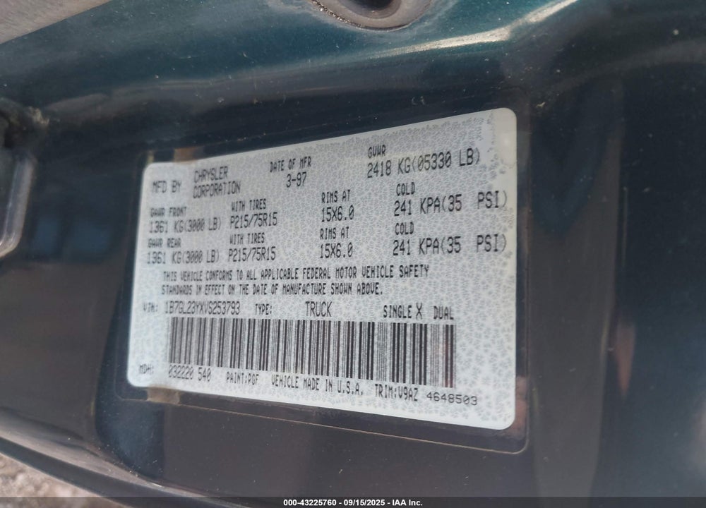 1997 DODGE DAKOTA SLT/SPORT VIN: 1B7GL23YXVS253793