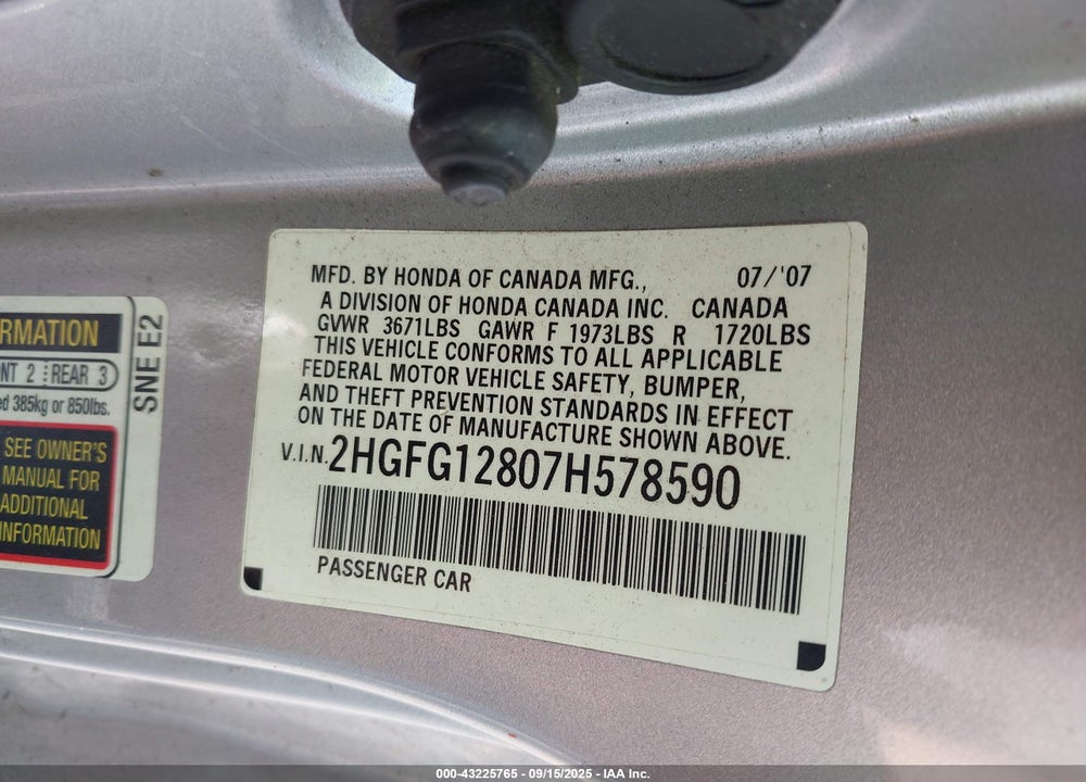 2007 HONDA CIVIC EX VIN: 2HGFG12807H578590
