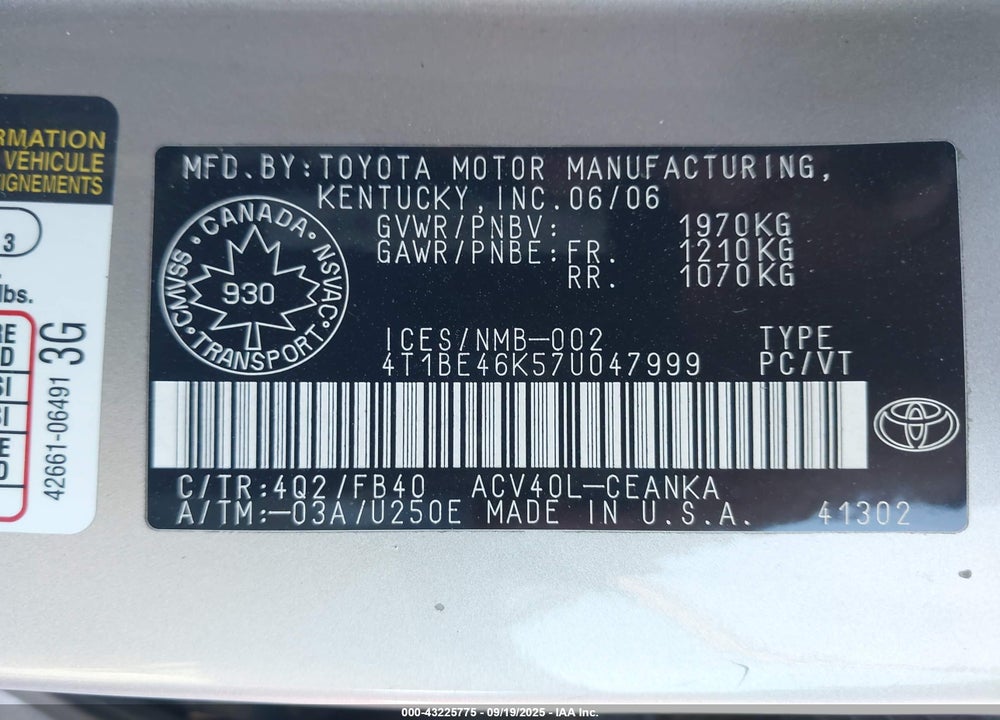 2007 TOYOTA CAMRY LE/SE VIN: 4T1BE46K57U047999